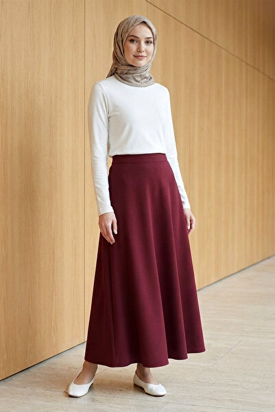 FERHEL Women's Flared Scuba Puff Fabric Relaxed Fit Skirt - Burgundy