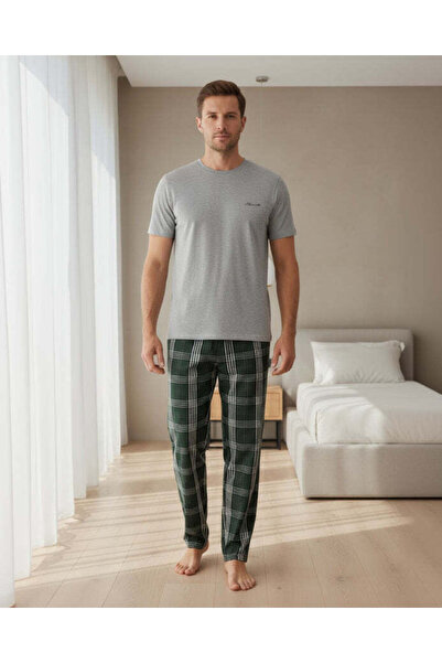 REDTAG طقم بيجاما رجالي رمادي وزيتوني نقشة مربعات (قطعتان)