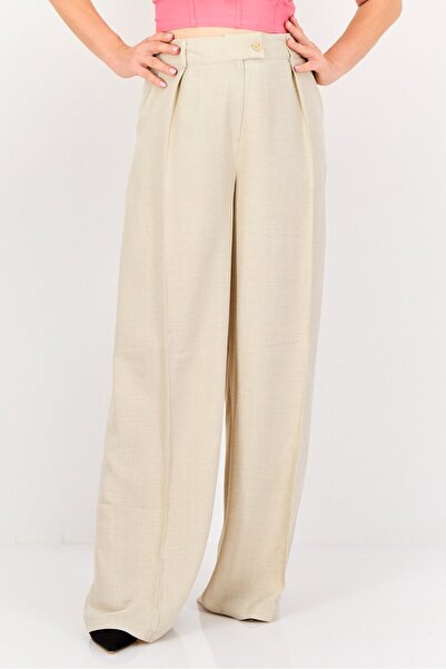 Ulyashova Women Regular Fit Front Pleat Palazzo Pants, Beige