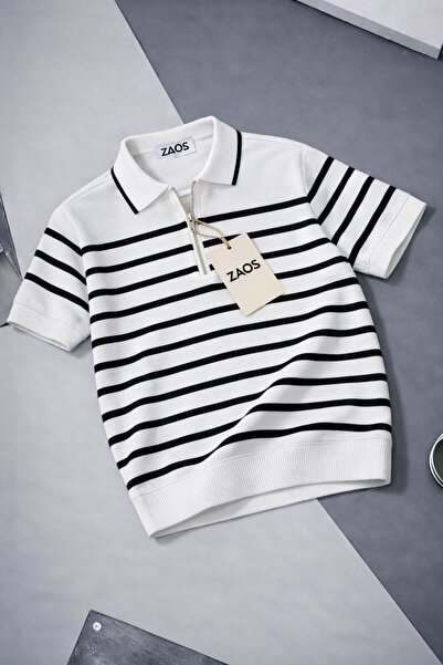 zs zaos fashion Ανδρικό μπλουζάκι με ριγέ φερμουάρ, πολυκάρτερ, βαμβακερό, υψ...