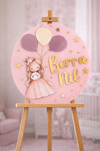 Güler Kaligrafi Kişiye Özel Kız Bebek Odası Kapı Süsü – Melek Figürlü Balonlu...