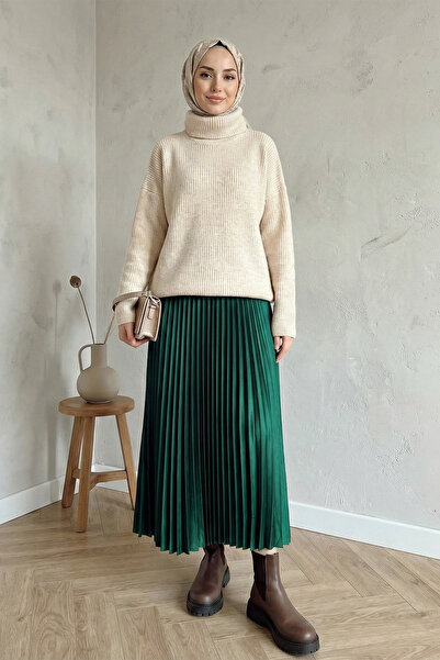 FERHEL Women's Pleated Skirt with Elastic Waist - Emerald