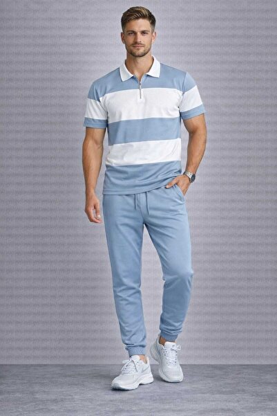 BRLKN طقم رياضي رجالي مخطط كبير الحجم مع سترة نصف سحابية وبنطلون مطاطي عند ال...