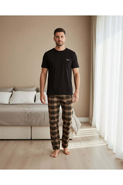 REDTAG طقم بيجاما رجالي أسود وبني نقشة مربعات (قطعتان)
