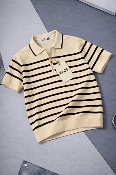 zs zaos fashion Men's Striped Zippered Polyoyaka Knitwear T-Shirt Cotton Qual...