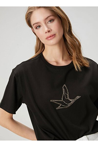 LUMİ Taş İşlemeli Kuş Detaylı Basic T-Shirt | Siyah &Beyaz | Premium Seri