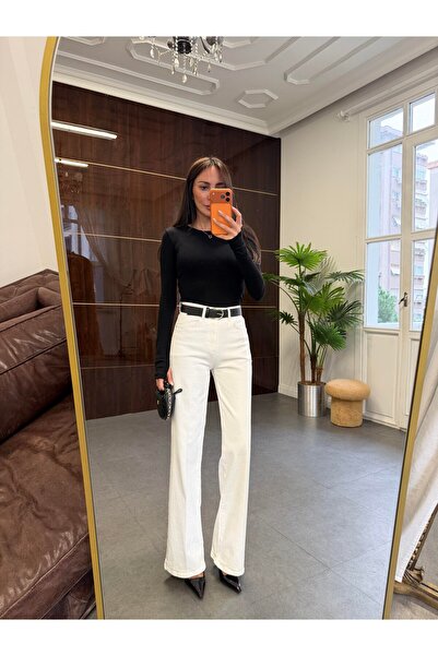BOLESA GİYİM Beyaz Yüksek Bel Kemerli Wide Leg Pantolon