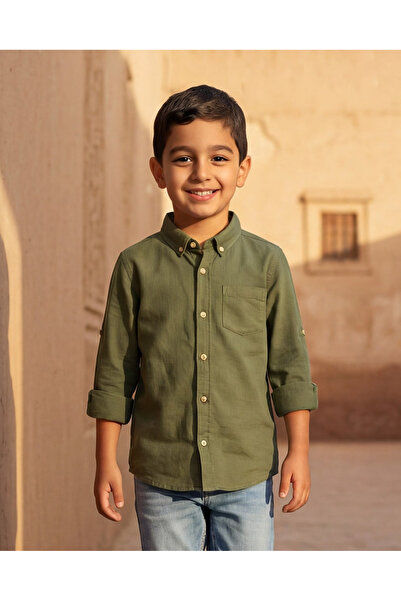 REDTAG Boys Olive Button Down Shirt With Pocket