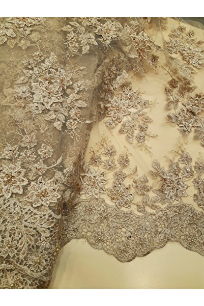 Safir Kumaş Abiyelik Top Sonu 2 Metre Kalmış 3 Boyut Çiçekli ve İşlemeli Dantel