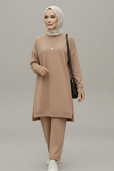 bysoca Women's Beige Crew Neck Oversized Tunic and Trousers Two-Piece Set wit...