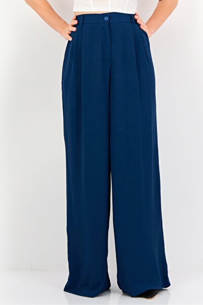 Ulyashova Women Regular Fit Plain Wide Leg Pants, Teal Blue