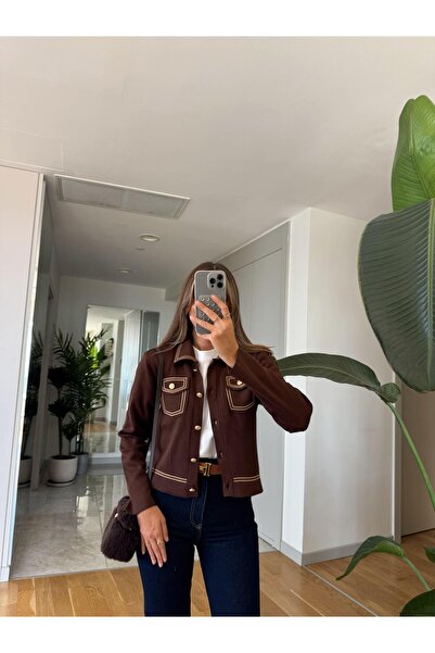 MERVE AKSOY Biyeli Cep Detaylı Hırka - Kahve