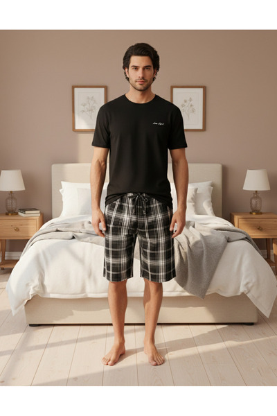 REDTAG طقم بيجاما رجالي أسود مكون من تيشيرت وشورت منسوج