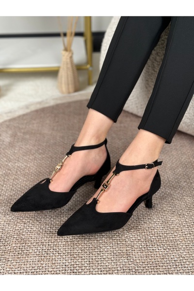 Eysha Meliora Women's Suede Gold Buckle Detailed Low Heel Shoes