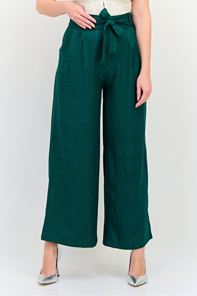 Ulyashova Women Regular Fit Heather Belted Wide Leg Pants, Green
