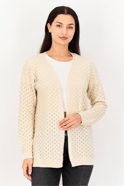 Amara Reya Women Split Neck Textured Cardigan, Beige