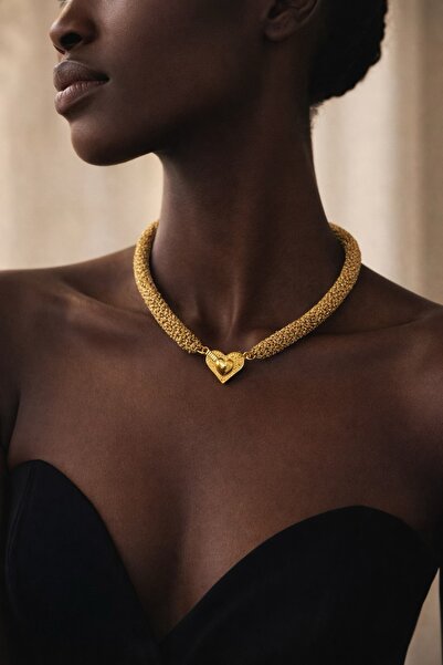 Tasarım Kalp Detaylı Manyetik Kilitli Örgü Choker Kolye | Modern Zarif