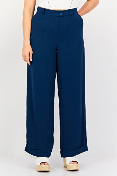 Ulyashova Women Regular Fit Plain Wide Leg Pants, Navy