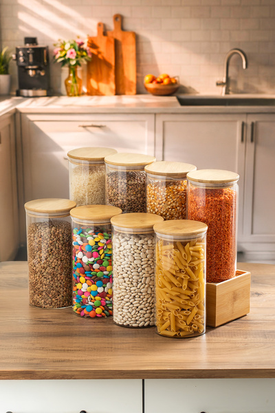 Porsima 417 8-Piece 1300 ml Bamboo Vacuum Glass Jar Set with Lid Storage Cont...