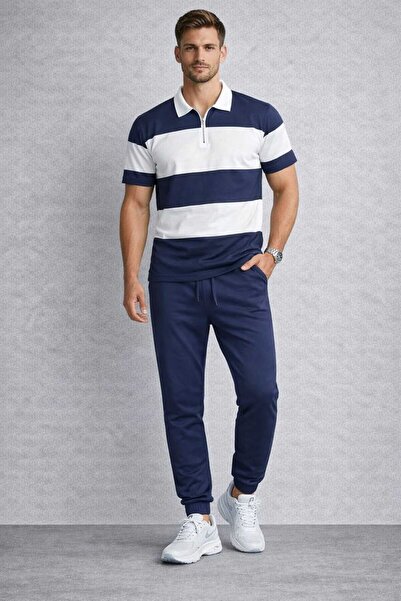 BRLKN طقم رياضي رجالي مخطط كبير الحجم مع سترة نصف سحابية وبنطلون مطاطي عند ال...