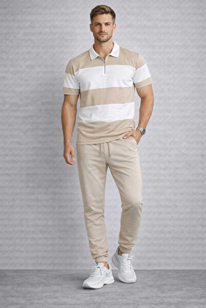 BRLKN طقم رياضي رجالي مخطط كبير الحجم مع سترة نصف سحابية وبنطلون مطاطي عند ال...