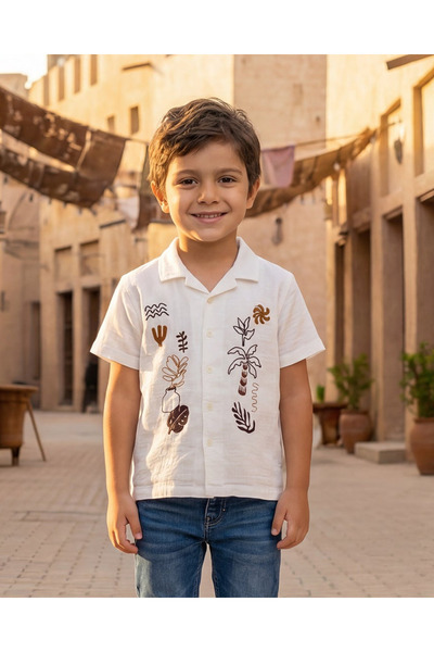 REDTAG Boys White Double Cloth Embroidered Short Sleeve
