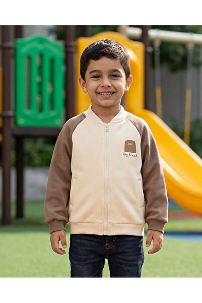 REDTAG Boys Beige Front Zipper Sweatshirt