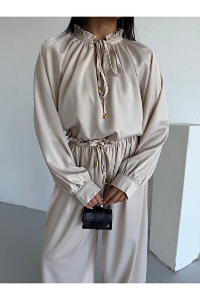 GAMZE ALPTEKİN Zr Premium Satin Silk Fabric Double Set Lace-Up Blouse Wide Le...