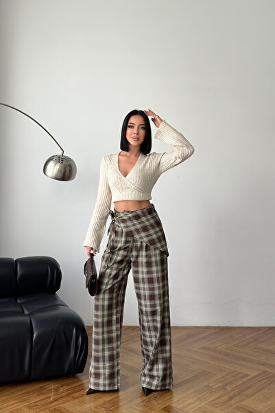 MOZENA Bağlamalı Ekose Desen Yüksek Bel Pantolon