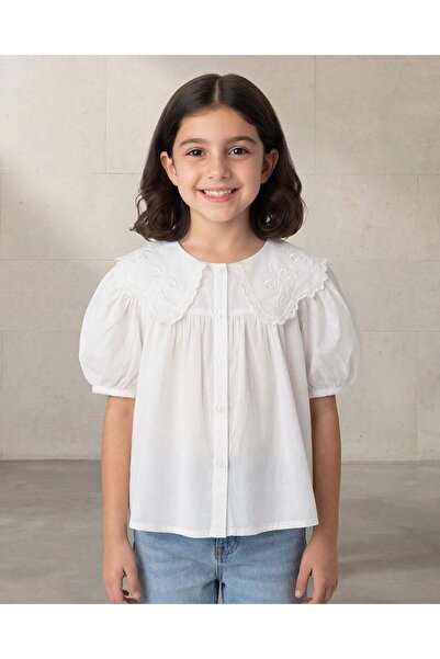 REDTAG Girls White Puff Sleeve Lace-Collared Blouse