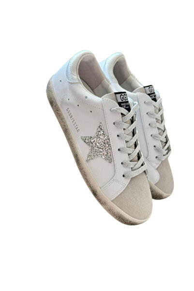 Motif Trend Exclusive Women's White Leather Sneaker – Silver Shimmer Star Det...