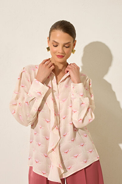 Setre Cream Patterned Fabric Detailed Long Sleeve Shirt