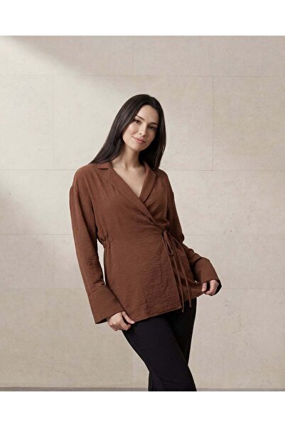 REDTAG Women Brown Collared Wrap Coord Blouse