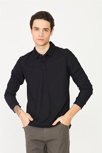 White Stone Black Micro Textured Long Sleeve Polo Collar Top