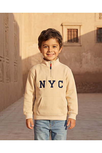 REDTAG سويت شيرت للأولاد بلون بيج فاتح بنصف سحاب