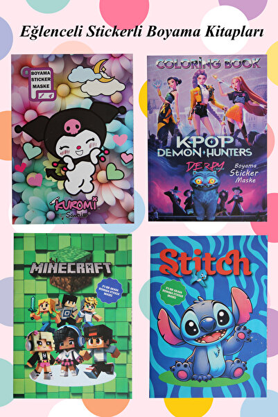 caddebox 4 Adet Stickerle Boyama Kitabı(Kuromi)(Kpopo Demont Hunter)(Mınecraf...
