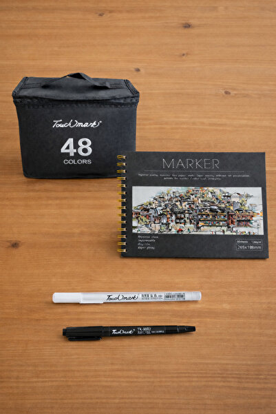 ART MARKER 48li Çift Uçlu Profesyonel Marker Boya Seti Marker Defteri Siyah Ç...