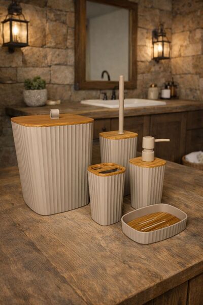 Okyanus Home Adhesive Wood Patterned Sapphire Mink 5-Piece Bathroom Set