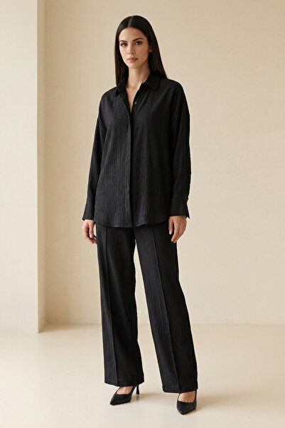 Setre Black Fabric Detailed Relaxed Fit Long Sleeve Shirt