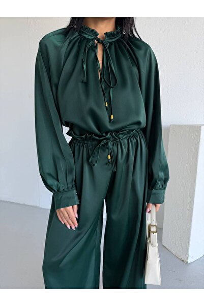 GAMZE ALPTEKİN Zr Premium Satin Silk Fabric Double Set Lace-Up Blouse Wide Le...