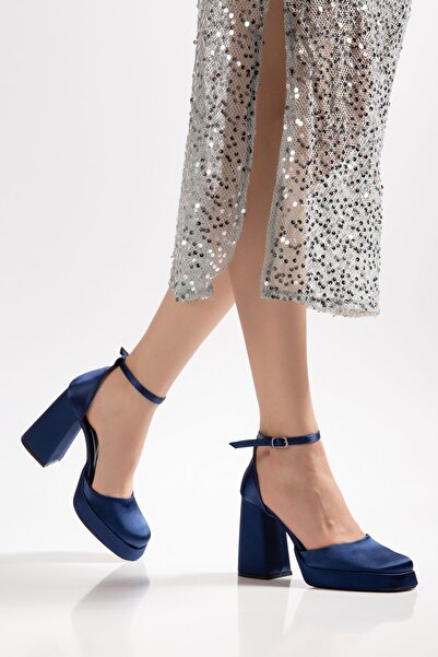 Hayalimdeki Ayakkabı Migo Women's Navy Blue Satin Platform Closed Toe Thick H...