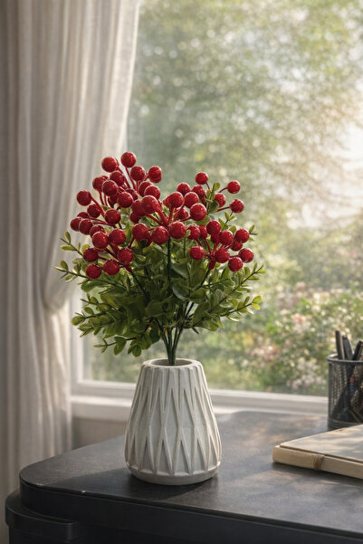 Lineva Beton Saksıda Yapay Kokina Çiçeği Dekoratif Kırmızı Meyveli Ev Ofis Ma...