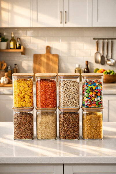 Porsima 4395 8-Piece Square 1100 ml Bamboo Vacuum Glass Jar Set with Lid Stor...