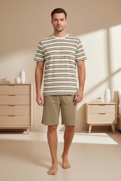 REDTAG طقم بيجاما رجالي مخطط الزيتوني والبيج (قطعتان)