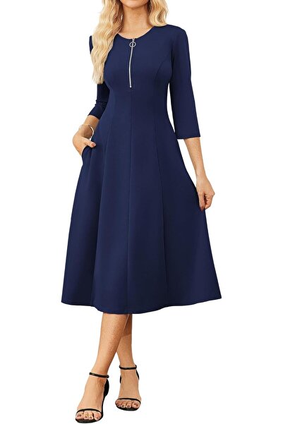 GRACE KARIN Women's Dresses 3/4 Sleeves Zipper Round Neck A-Line Dress with P...
