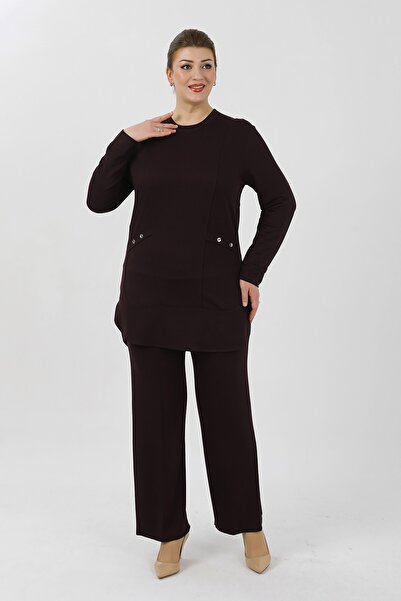 By Alba Collection Women's Dark Brown Crystal Fabric Plus Size Top and Bottom...