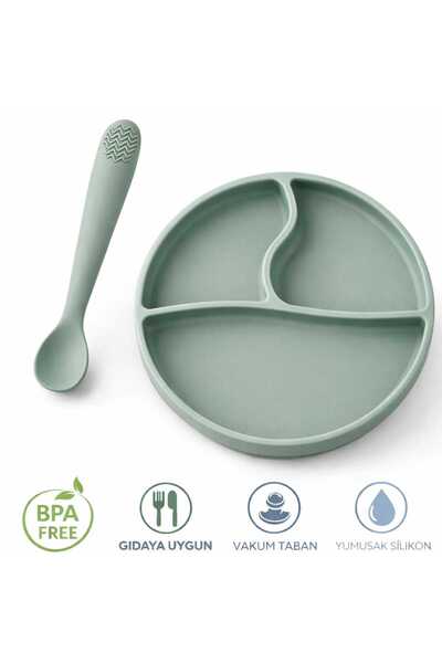 CKM silikon 2'Li Bebek Beslenme Seti Vakumlu Mama Tabağı-Mama Kaşığı Mint Yeşili
