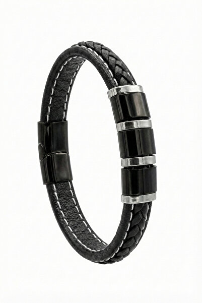 OSMANLI GÜMÜŞ سوار جلدي للرجال باللونين الأسود والرمادي مع تفاصيل من الفولاذ ...