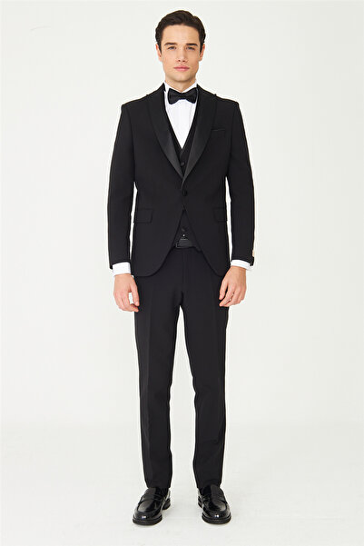 White Stone Black Pointed Collar Groom Suit