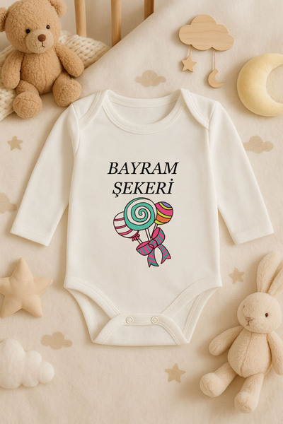 AYDESİGN Eid Candy Printed Cotton Long Sleeve Baby Ecru Bodysuit Undershirt J...